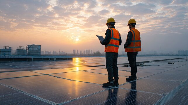 Two workers in safety gear inspecting solar panels on a rooftop at sunset, emphasizing renewable energy and sustainable practices.