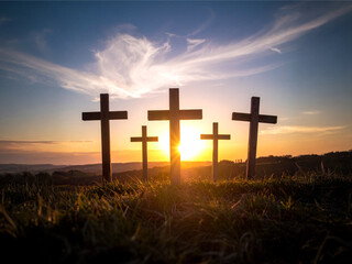 Good Friday Reflections: Christian Crosses Silhouetted Against the Sunset on the Friday Before Easter — A Powerful Symbol of Sacrifice, Love, and Redemption in the Heart of the Christian Faith