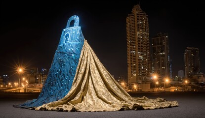 Large, draped gown, glowing blue lock, city backdrop