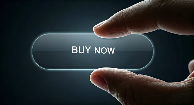 Finger poised over glowing 'BUY NOW' button, symbolizing online purchase and call to action on a digital interface.