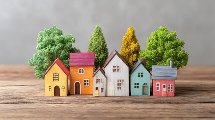 A row of colorful miniature houses with trees in front of them.