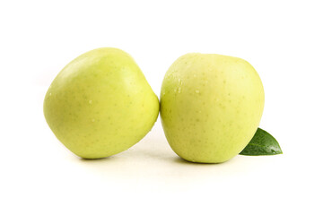 Fresh Green Apples with Leaf on White Background - Healthy Fruit Photography