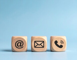 Three wooden blocks with contact icons (email, phone, at symbol) aligned on a light blue background suggesting communication