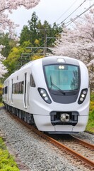 Naklejka premium White train on tracks, cherry blossoms in background