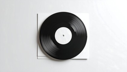 Black vinyl record on white sleeve, top-down view
