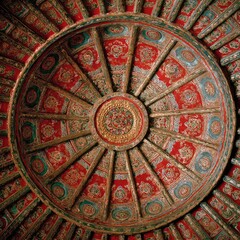 Naklejka premium Detailed ornate traditional painted circular ceiling artwork with radial patterns and central medallion.