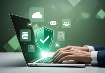 Close-up of hands typing on a laptop with digital security icons overlayed.