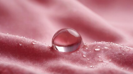 Closeup of a single water droplet on pink fabric with glistening droplets, creating a serene and peaceful mood.