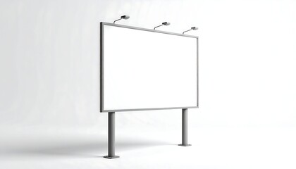 Blank billboard, gray metal frame,  white background.  Large rectangular advertising panel, supported by two gray metal posts, lit by three small lights mounted above.  Studio shot, product mock-up