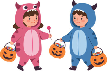 Two Children in Halloween Costumes with Candy Buckets.
