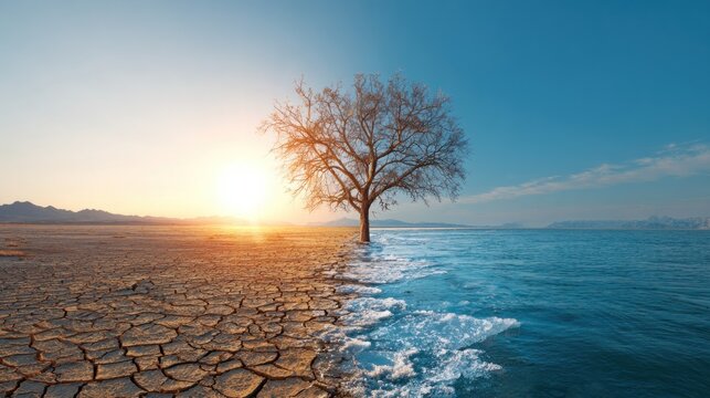 A lone tree standing on a cracked, dry lakebed with a vibrant sunset in the background.