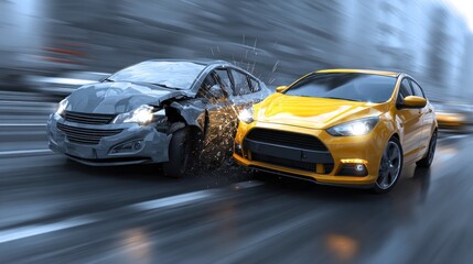 Naklejka premium Two cars colliding in a high-speed crash on a city street.