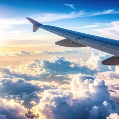 Fototapeta premium Airplane wing slices through a bright, azure sky, overlooking fluffy, luminous clouds painted with golden hues from the setting sun