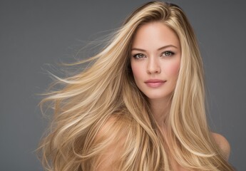 Beautiful woman with long straight hair. Blond girl