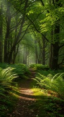 Naklejka premium Sunlit Forest Path Through Lush Green Trees.