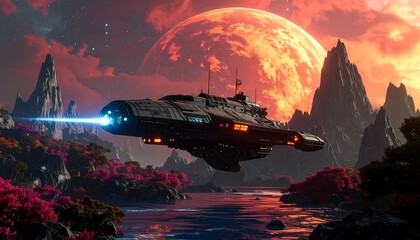 Futuristic spaceship over alien landscape with fiery planet