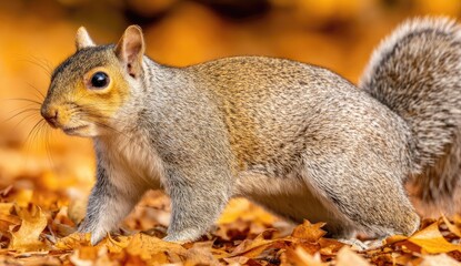 Gray squirrel amidst autumn leaves (1)