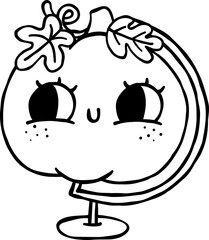 Cute Autumn Back to School Outline, Pumpkin Globe Cartoon Illustration