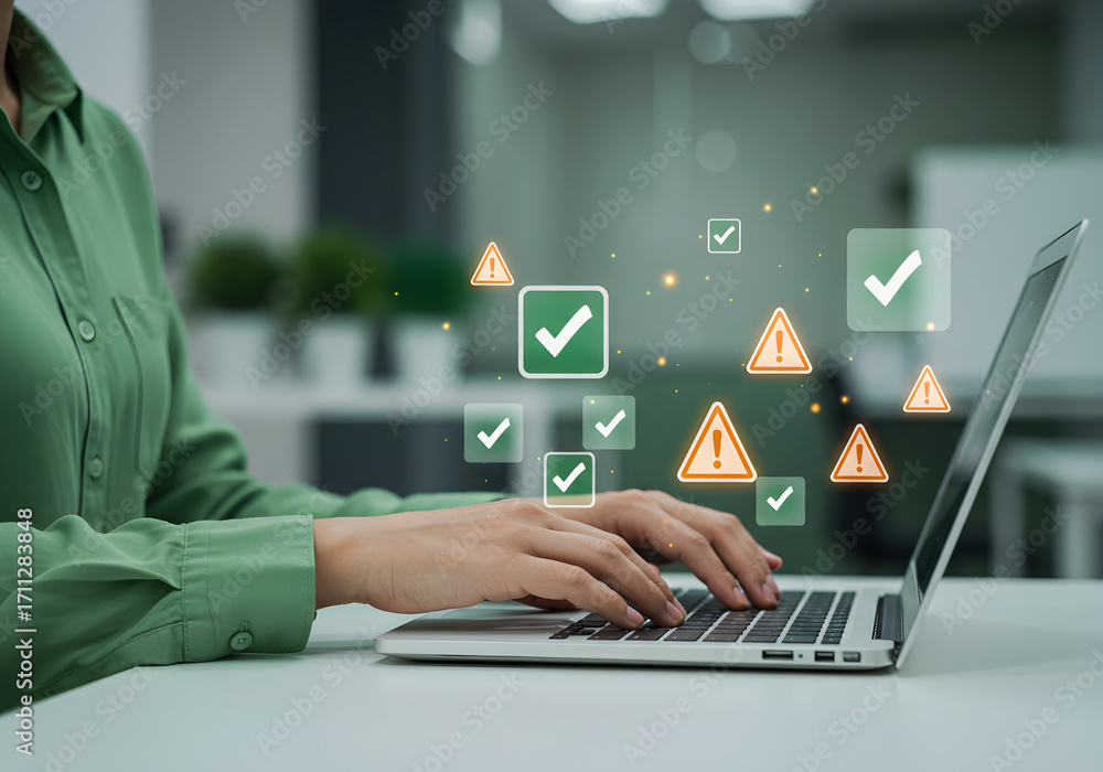 Poster person using laptop with check mark and warning sign graphics overlayed.