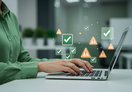 Person using laptop with check mark and warning sign graphics overlayed. - Powered by Adobe