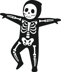 Playful Skeleton Costume with Arms Outstretched in a Cheerful Pose.