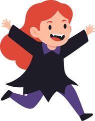 Joyful Redhead Girl in Vampire Costume Running.