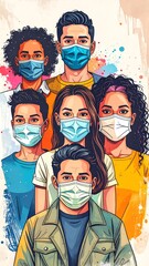 Diverse group of people wearing masks, stylized illustration