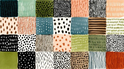 A patchwork quilt with a variety of geometric and abstract patterns in black, white, green, orange, and brown colors.