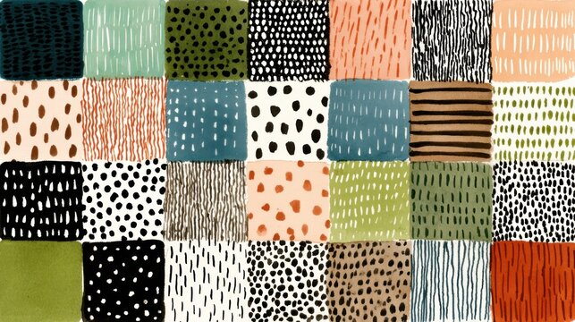 A patchwork quilt with a variety of geometric and abstract patterns in black, white, green, orange, and brown colors.