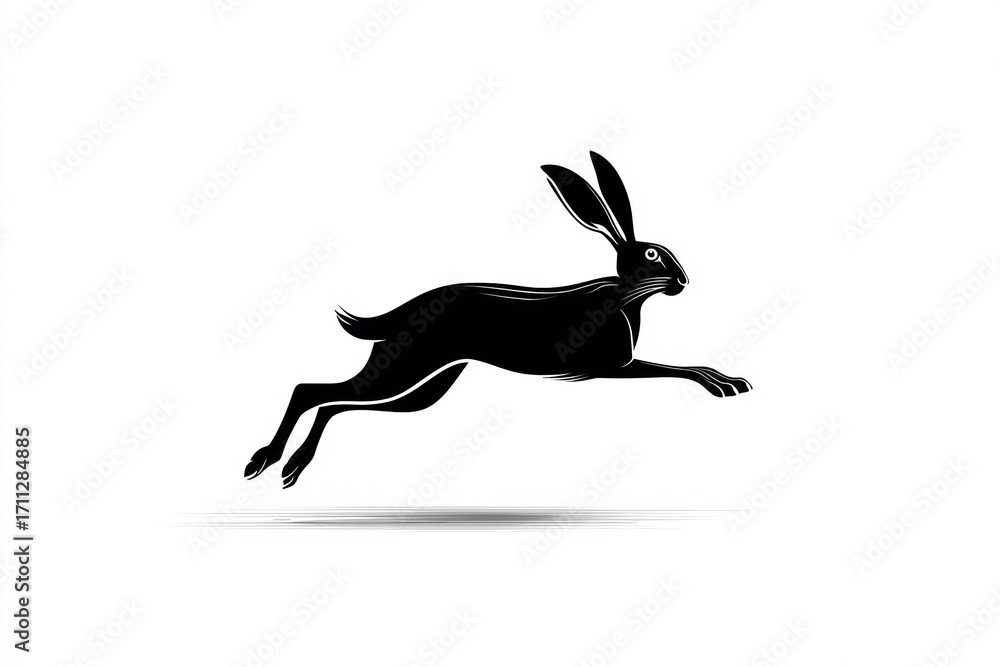Poster silhouette of a running hare in motion with minimalist design on white background