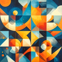 Geometric abstract art, vibrant colors, layered shapes