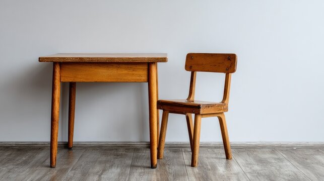 A wooden table and chair in a minimalist setting.