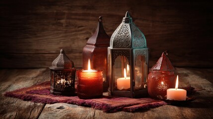 A collection of ornate lanterns with lit candles on a wooden table against a dark wooden background.
