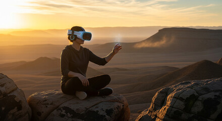 A person wearing a VR headset sits atop a mountain at sunset, exploring a vast digital landscape, a perfect illustration of immersive virtual reality experiences