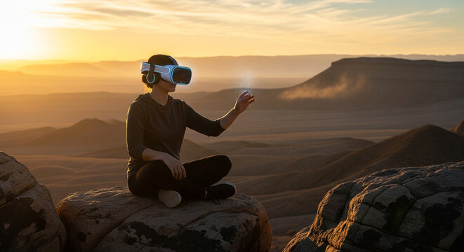 A person wearing a VR headset sits atop a mountain at sunset, exploring a vast digital landscape, a perfect illustration of immersive virtual reality experiences