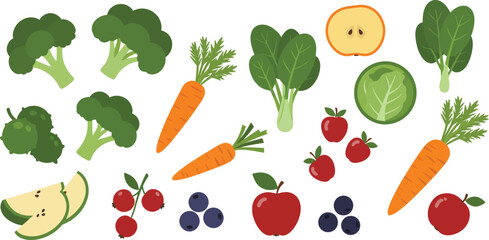 CartoonStyle Assortment of Fresh Fruits and Vegetables with Vibrant Colors.