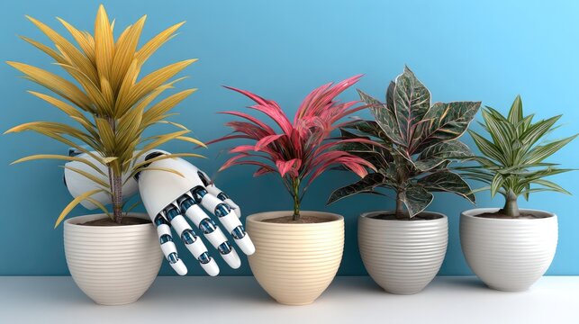 A robotic hand tending plants in pots against a light blue background - Powered by Adobe