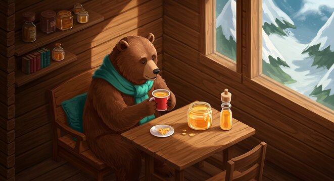 Cozy brown bear enjoys warm drink sunlight streams through cabin window. AI Generated