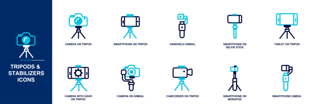Tripods & Stabilizers Blue Colored Outline Icon Set