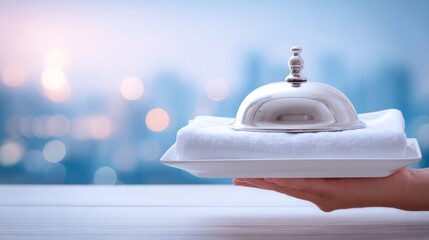 A hand holding a white plate with a silver lid and a white napkin on it, with a blurred cityscape in the background.