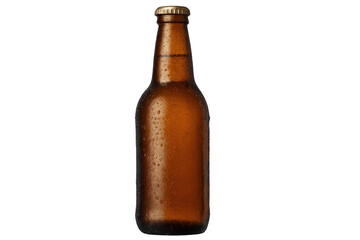 Brown beer bottle with condensation on transparent background