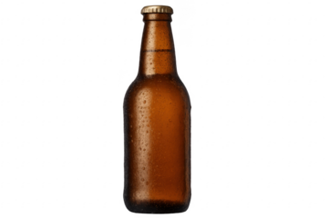 Brown beer bottle with condensation on transparent background