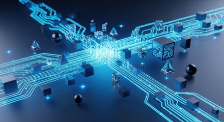 Abstract data flow visualization with neon blue streams and geometric shapes, ultra HD, corporate style