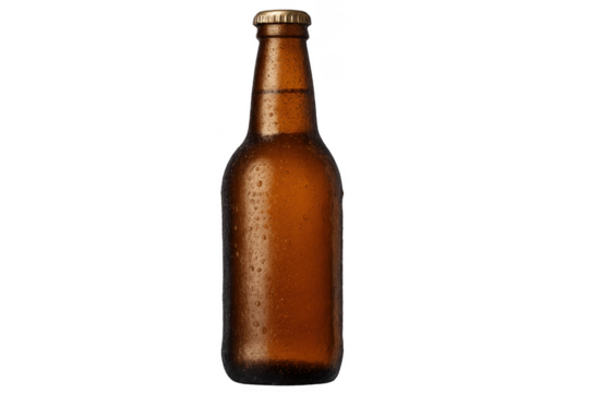 Brown beer bottle with condensation on transparent background