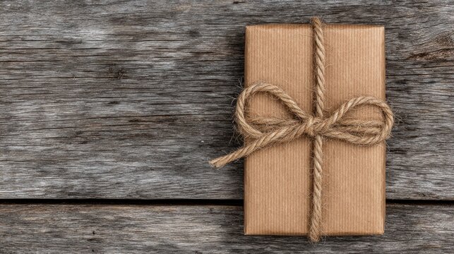 A wrapped gift tied with a string on a wooden surface.