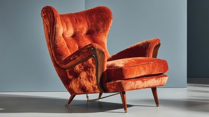 Mid-century modern armchair, deep rust velvet