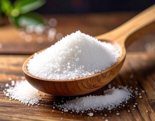 Close-up of white sugar on a wooden spoon on a wooden table.