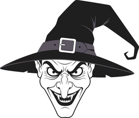 Evil Witchs Grinning Face Beneath a Pointed Black Hat Halloween Icon.