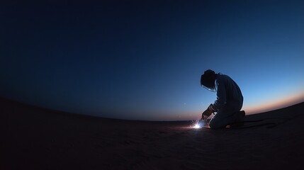 A skilled welder works in the desert at dusk, creating a striking silhouette against the twilight sky.