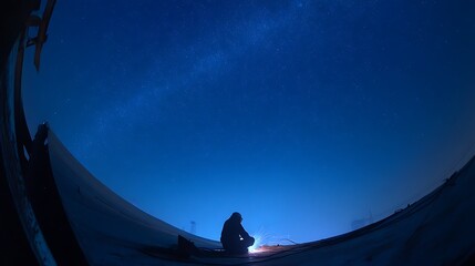 A lone welder works on a structure at night, surrounded by the vast expanse of the starry sky.